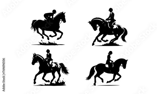 HORSE RIDING silhouette icons set simple style vector image,black and white HORSES vector,silhouettes set