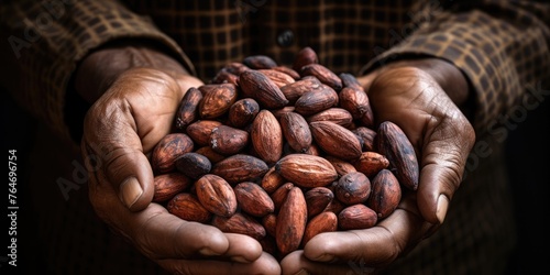 Raw cocoa beans in the hands of a man
