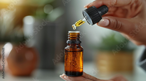 A person is holding a bottle of essential oil and pouring it into a bottle