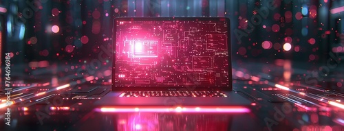 Futuristic illustration about computer technology with a laptop in neon colors