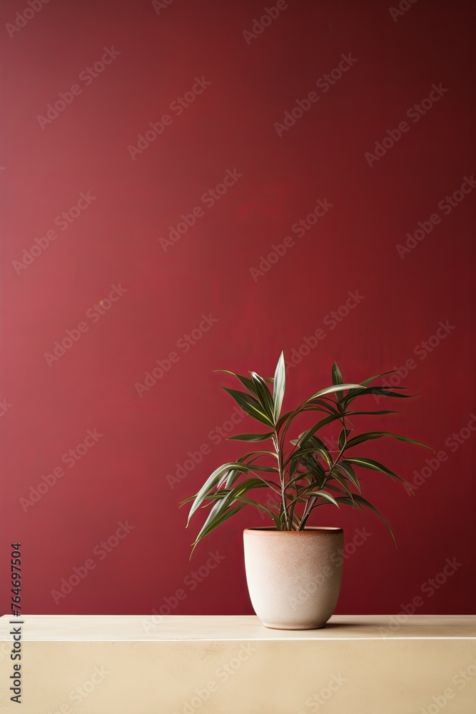 Potted plant on table in front of burgundy wall, in the style of minimalist backgrounds