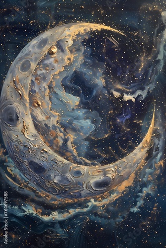 a large detailed impressionist painting of the moon in the cosmic style   galaxies and space swirling around inside  Use gold pen highlights to enhance the intricate details
