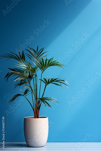 Potted plant on table in front of blue wall, in the style of minimalist backgrounds, exotic