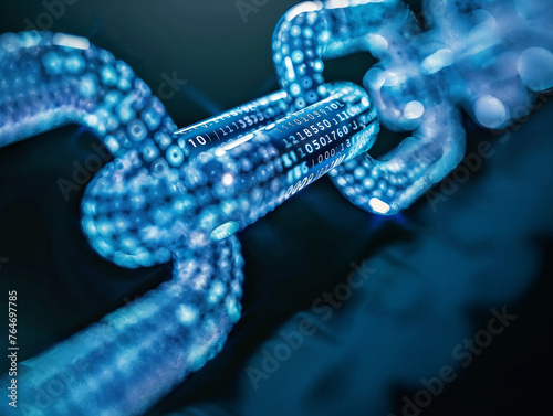 A blue digital chain with binary code, symbolizing the concept of blockchain technology and its use in AI for security.  photo