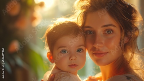 happy mother and daughter portrait against sunlight, Generative Ai