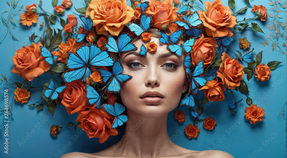 Surreal abstract woman portrait over head with flowers and butterflies.. Concept of environmental friendly and naturalness of cosmetic products banner.