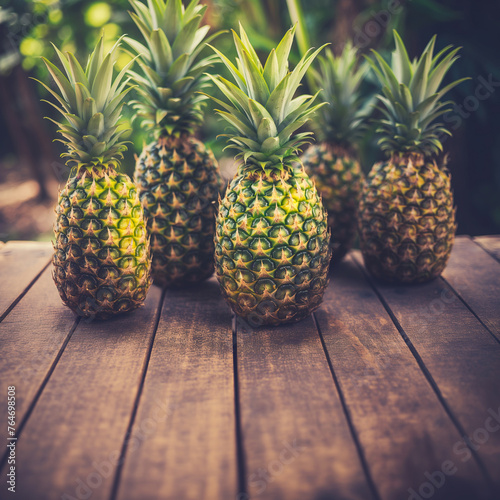 A wooden table showcases pineapples, a tropical fruit. These naturally delicious and healthy fruits are a delightful treat. Healthy food background with copy space