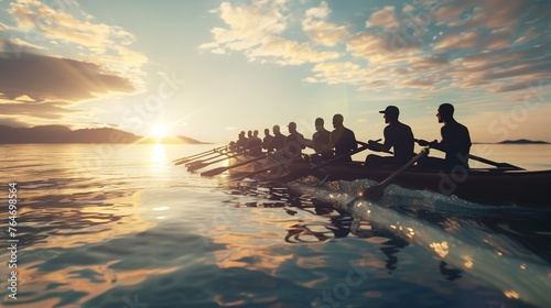 team rowing a boat together, with each member contributing to propel the boat forward, symbolizing the shared effort and common goal of teamwork