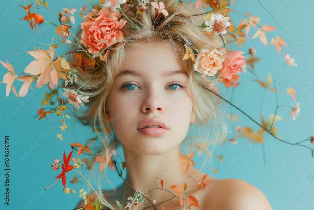 Portrait of a blonde hair caucasian young woman with floral theme for spring or summer isolated on blue background