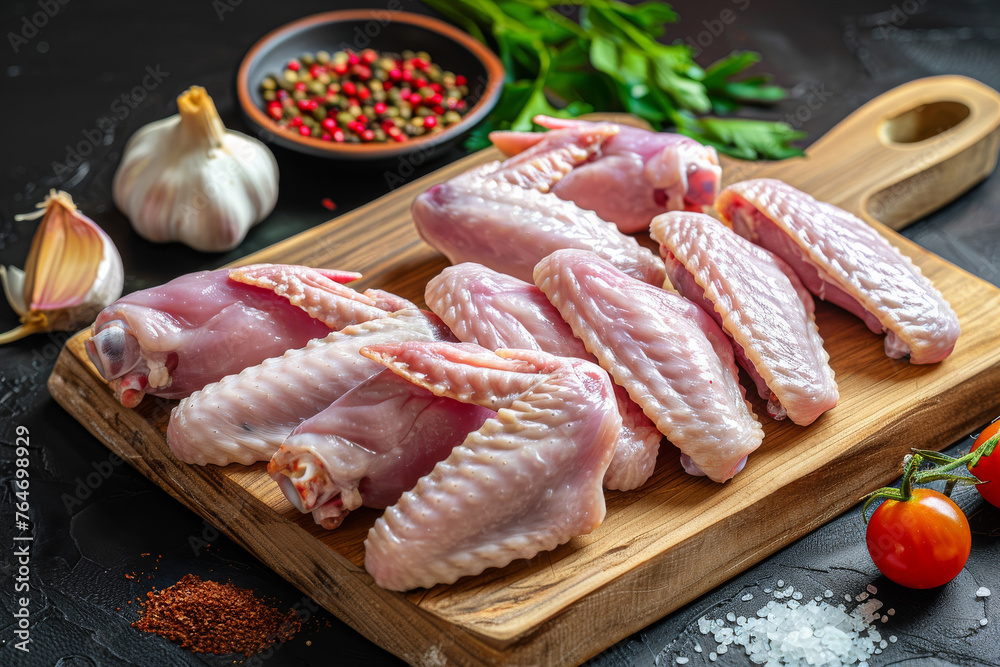 Raw chicken wings on wooden cutting board with spices and herbs Raw chicken wings on wooden cutting board with spices and herbs