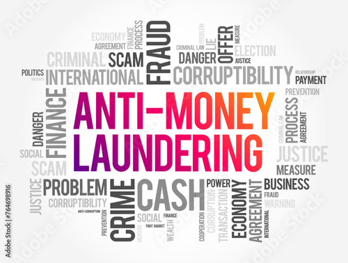 Anti Money Laundering - set of regulations, laws, and procedures designed to prevent criminals from disguising illegally obtained funds as legitimate income, word cloud text concept background