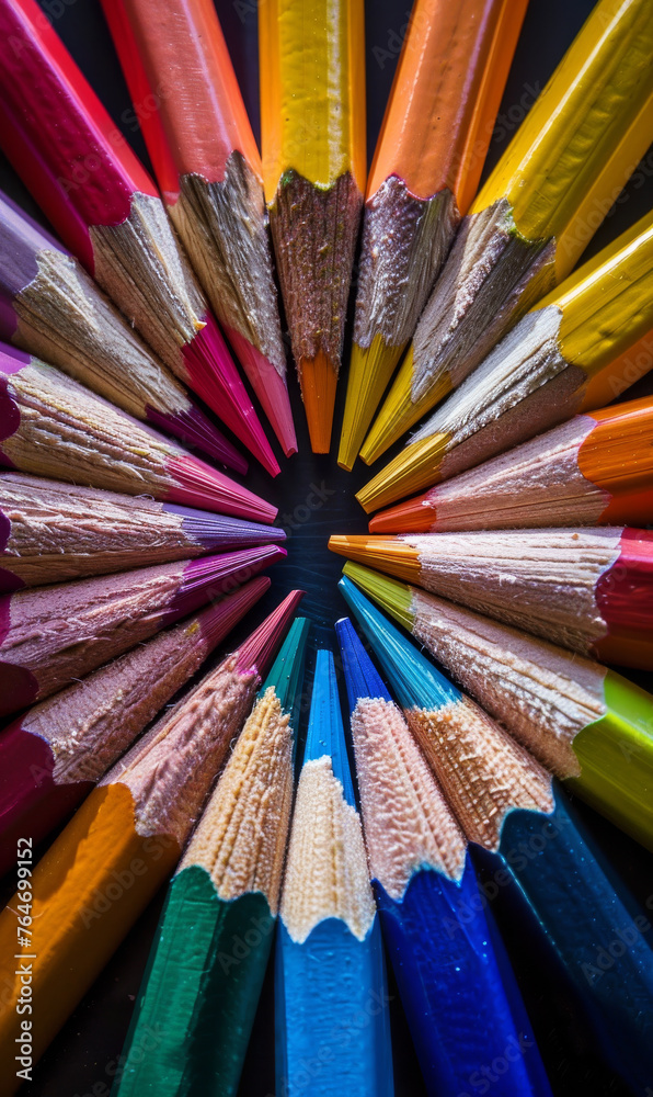Naklejka premium Colored pencils in circle. A multicolored pencils arranged