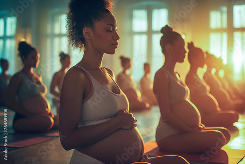 Pregnant women engage in a supportive prenatal exercise session at a fitness studio, fostering community and promoting maternal health. © Microgen