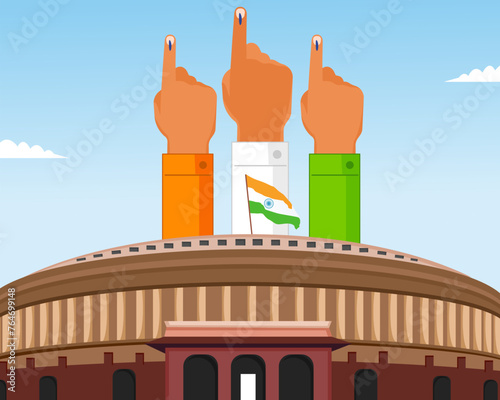 People of different showing voting finger for voting indian general election and parliament building in the background election campaign photo