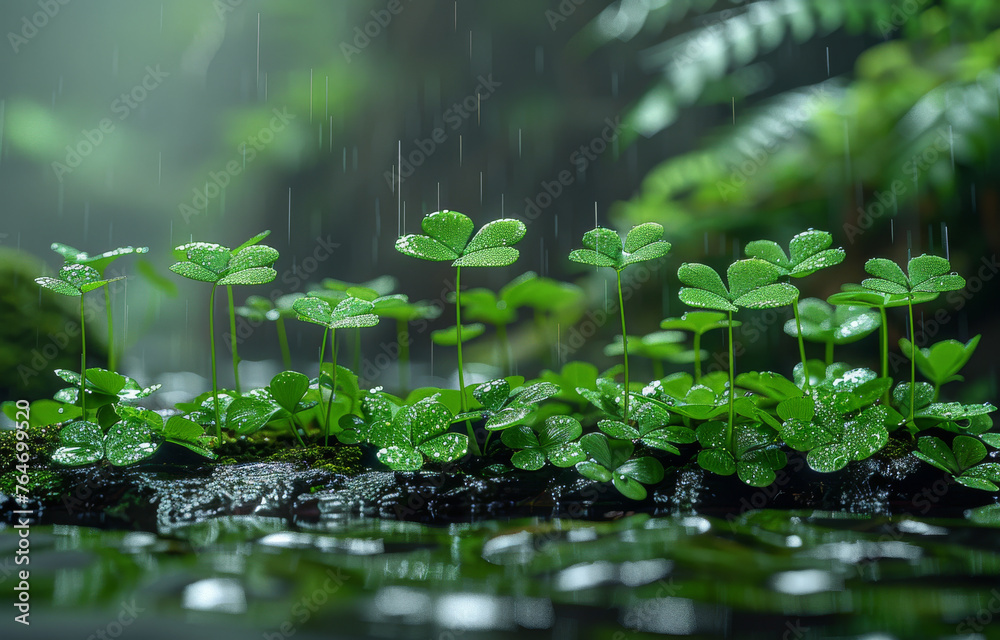 Green plants with water drops over the water and green bokeh from sunlight Green plants with water drops over the water and green bokeh from sunlight