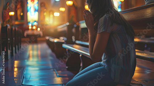 woman knee down and praying in church in the morning Christian teenager woman hand praying Hands folded in prayer on the wooden seat in the morning concept for faith, spirituality and religion.