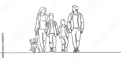 Continuous line happy family with dog on white background. Parents walk with two sons. Line art drawing. Vector illustration 