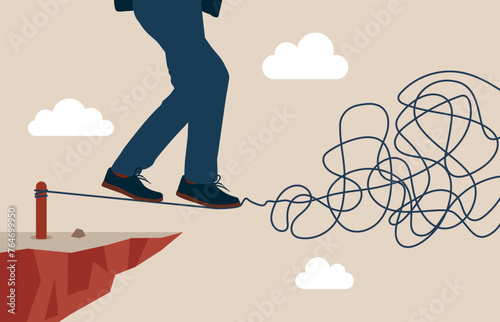 Businessman walking on twisted rope high in sky. Overcome problem in crisis. Choosing meaningful life Flat vector illustration