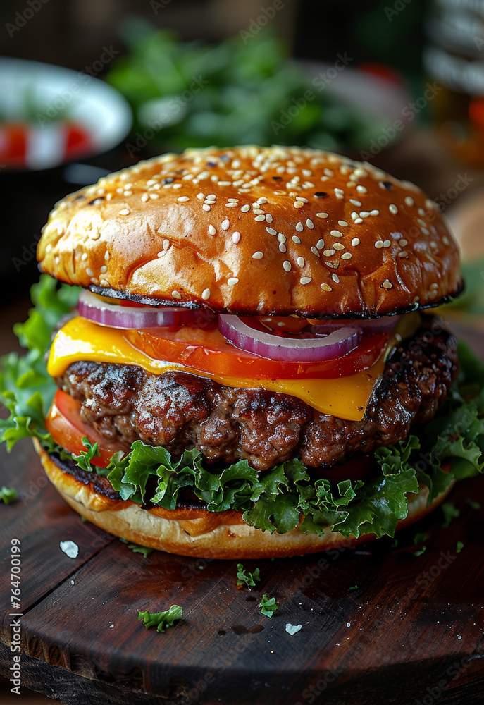 Delicious cheeseburger with lettuce tomato onion and cheese Delicious cheeseburger with lettuce tomato onion and cheese