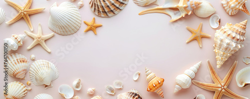 Light pink background with seashells and starfish. Summer marine layout