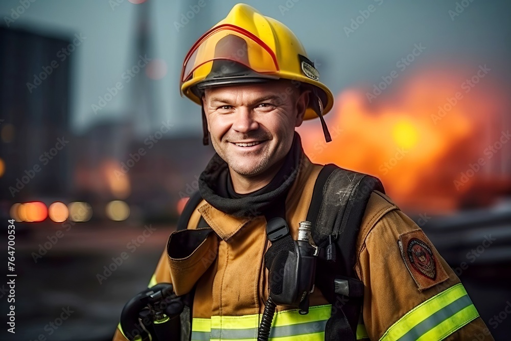 firefighter in action, firefighter in a fire zone in full firefighting clothing. International Fireman's Day firefighter in action, firefighter in a fire zone in full firefighting clothing. International Fireman's Day