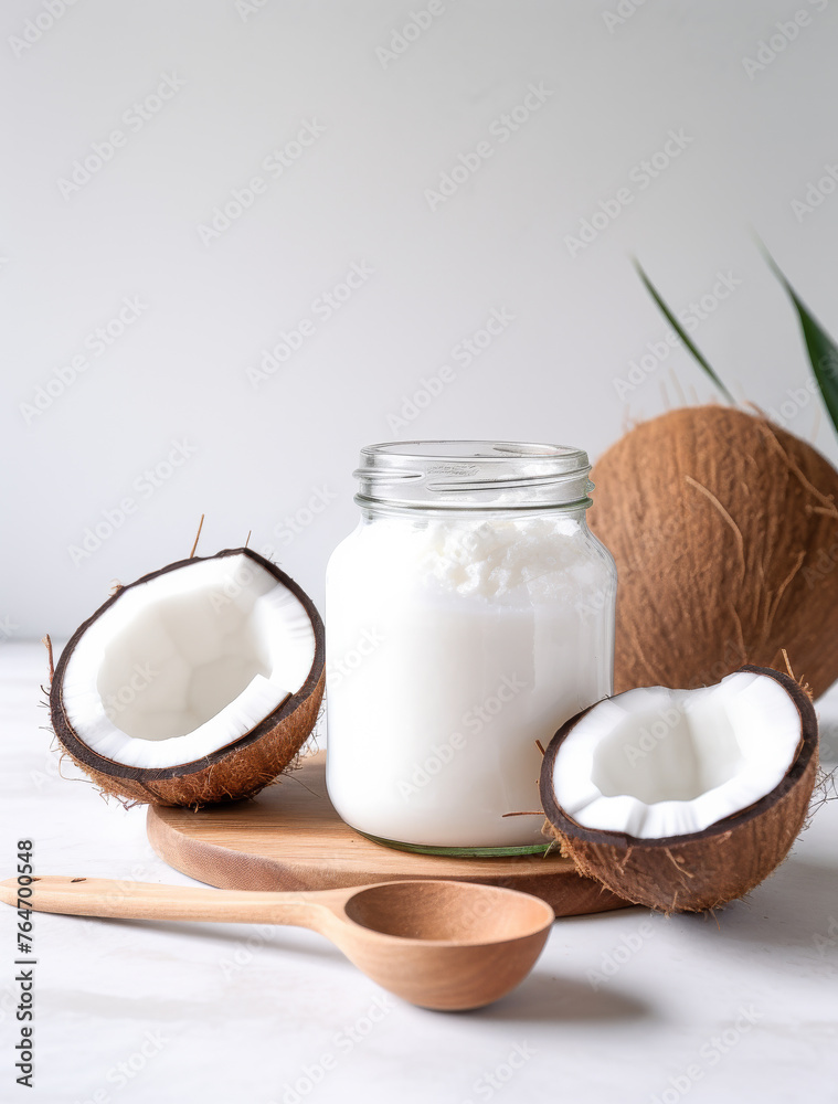 Coconuts and jar of coconut oil on white table Coconuts and jar of coconut oil on white table