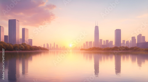City with skyscrapers on the lakeshore during sunset