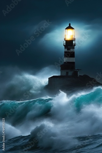 A lighthouse on the shore of a stormy sea in cloudy weather in the evening
