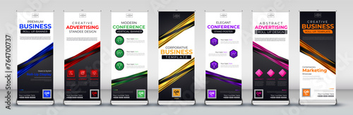 business roll up banner for events, meetings, presentations in blue, red, green, yellow, purple, pink and orange colours