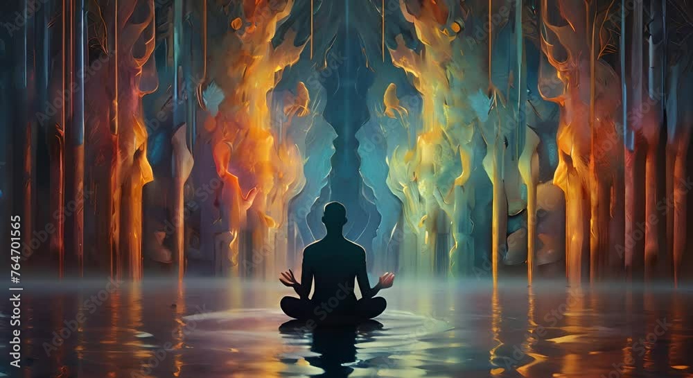 Silhouette of a person in deep meditation yoga pose.