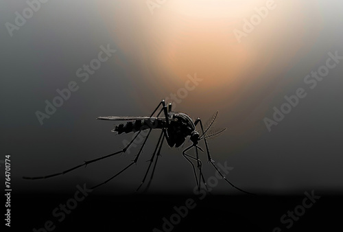 Mosquito is silhouetted against dark background