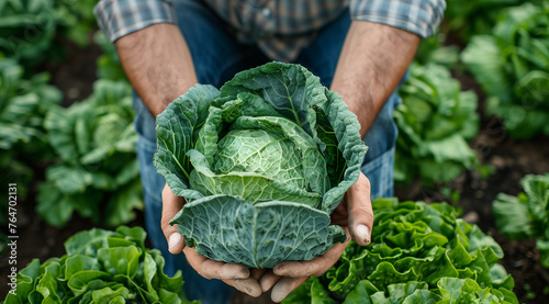 Senior farmer holding fresh kale cabbage