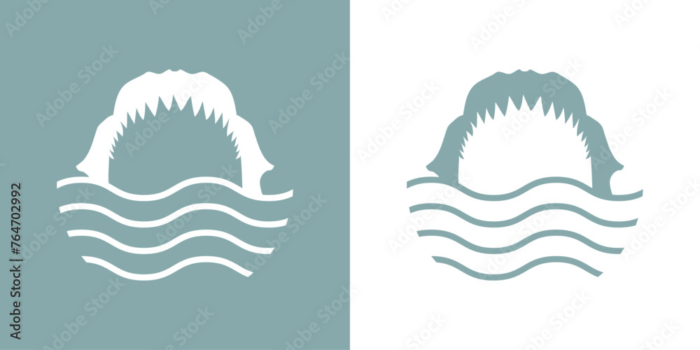Logo Nautical. Silueta de mandíbula de tiburón con olas de mar Logo Nautical. Silueta de mandíbula de tiburón con olas de mar