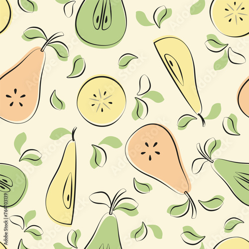 Seamless pattern with pears in flat design. Fruit flat minimal vector illustration. 