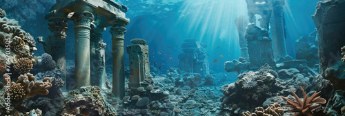An underwater view featuring tall columns and vibrant corals in their natural habitat