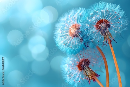 Two Blue Dandelions on Blue Background