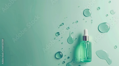 glass cosmetic bottle with pipette on green background with water drops