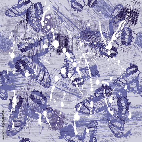 Abstract grunge butterfly seamless vector pattern. Trendy, active pattern with distressed textures, paint drips and butterflies. 2022 color of the year Very Peri.