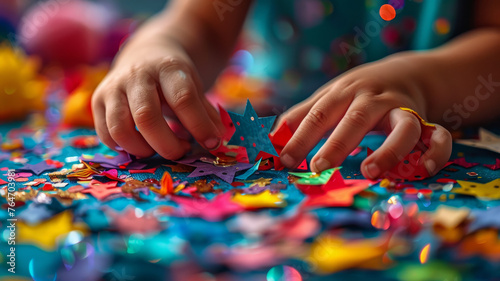 Child's hands playing with colorful star confetti.