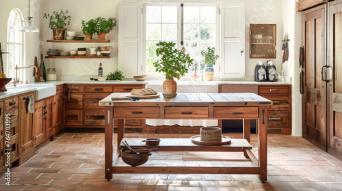 A kitchen with numerous wooden furniture pieces like cabinets, tables, and chairs, creating a warm and inviting atmosphere