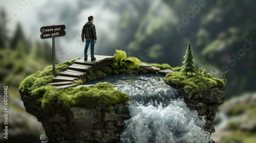 Miniature toy man is standing on bridge that stretches over river, looking out at flowing water beneath him. Create your own path