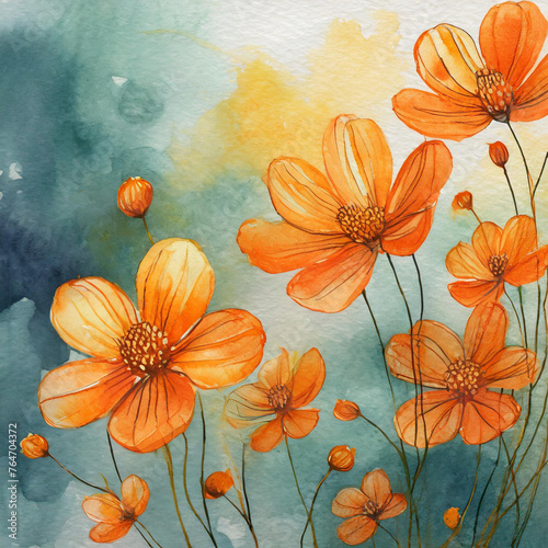 Hand drawn orange flowers on watercolor paper  grunge background  place for dough  for wedding invitations and cards