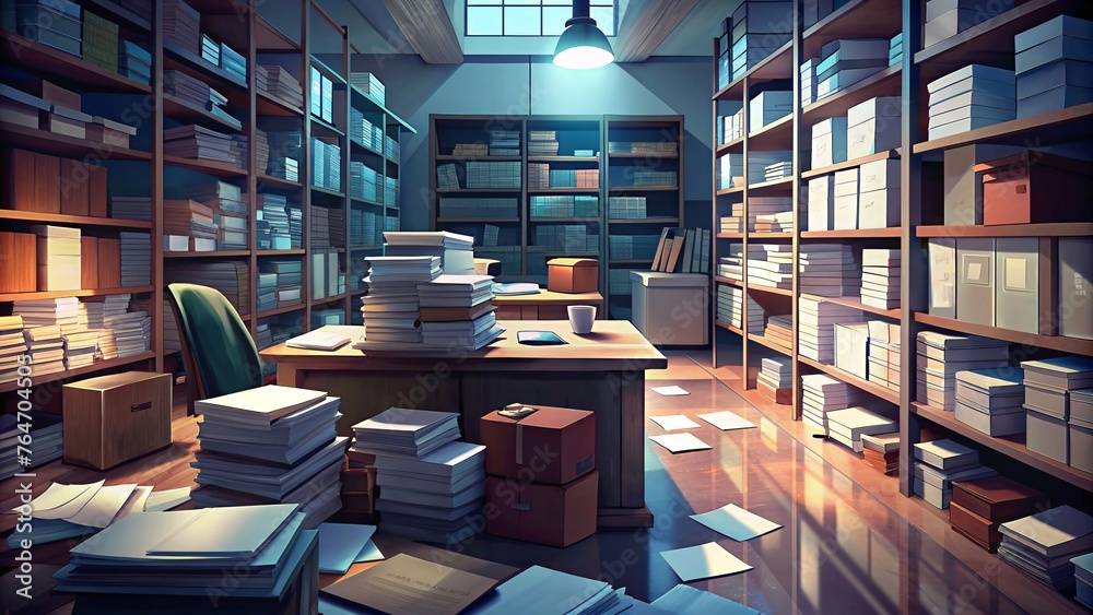 messy office with many folders and documents on wooden floor. - obrazy, fototapety, plakaty 