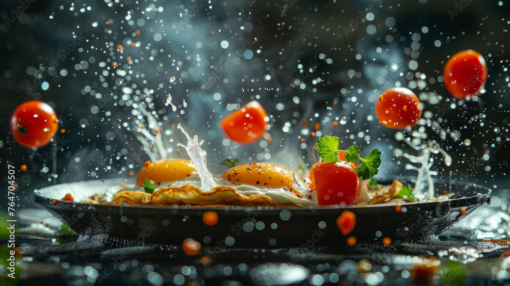 Fried eggs and tomatoes splashing in pan. Fried eggs and tomatoes splashing in pan.