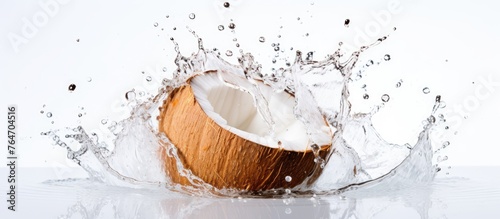 Capture of a coconut in close-up being splashed with water, highlighting textures and details