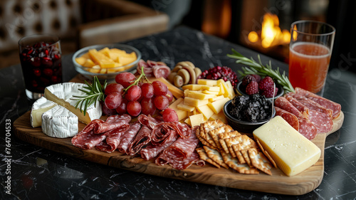 Cheese and charcuterie board with various snacks