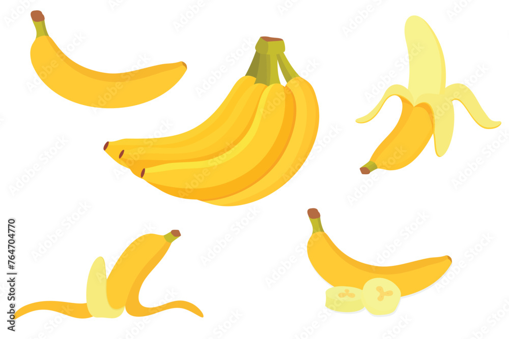 Banana icon set isolated vector illustration. Peel bananas, yellow fruit and a bunch of bananas. Tropical fruits, banana snacks or vegetarian nutrition.