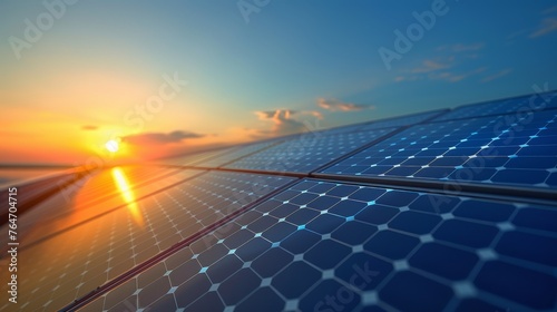 Solar panels against a sunny, bright blue sky, symbolizing renewable energy and sustainability.