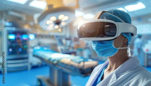 A professional doctor wearing virtual reality (VR) goggles and a protective suit in the operating room. The concept of innovative intelligence technology in a modern hospital.  © AIExplosion