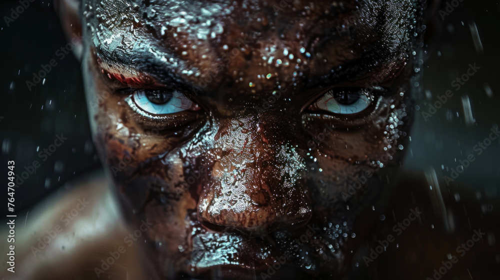 Close-up of a determined man with water droplets. Close-up of a determined man with water droplets.